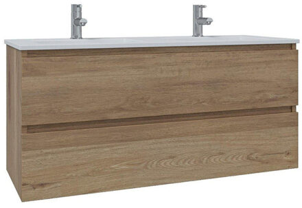 Adema Chaci Badkamermeubelset - 120x46x57cm - 2 keramische wasbakken wit - 2 kraangaten - 2 lades - eiken SW1212781/SW804533