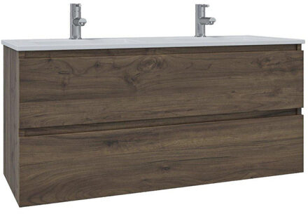 Adema Chaci Badkamermeubelset - 120x46x57cm - 2 keramische wasbakken wit - 2 kraangaten - 2 lades - noten (hout) SW1212779/SW804533