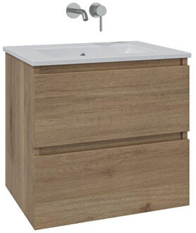 Adema Chaci Badkamermeubelset - 60x46x57cm - 1 keramische wasbak wit - zonder kraangaten - 2 lades - eiken SW1212759/SW773925