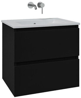 Adema Chaci Badkamermeubelset - 80x46x55cm - 1 keramische wasbak wit - zonder kraangaten - 2 lades - mat zwart SW1212768/SW773926 Zwart mat