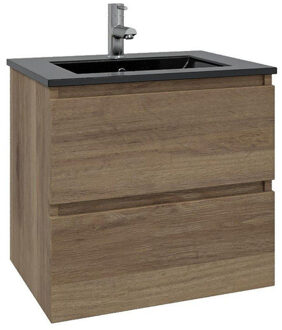 Adema Chaci Badkamermeubelset - 80x46x55cm - 1 keramische wasbak zwart - 1 kraangat - 2 lades - eiken SW1212767/SW761655
