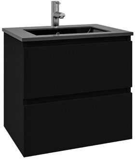 Adema Chaci Badkamermeubelset - 80x46x55cm - 1 keramische wasbak zwart - 1 kraangat - 2 lades - mat zwart SW1212768/SW761655 Zwart mat