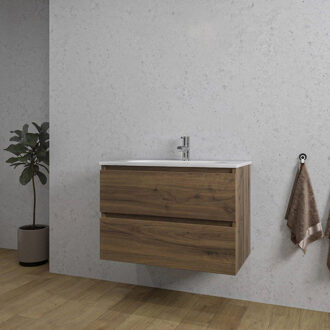 Adema Chaci Badkamermeubelset - 80x46x57cm - 1 ovale keramische wasbak wit - 1 kraangat - 2 lades - noten (hout) SW1212764/SW718717