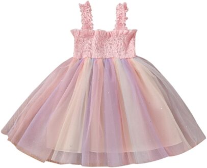 Ademend Meisjes Slip Jurk, Zomer Kinderen Creatieve Regenboog Mesh Splicing Mouwloze Jarretel Prinses Rok 2T