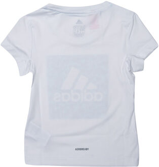 adidas Girl's adidas Junior AEROREADY Leo Graphic T-Shirt in White blue Wit