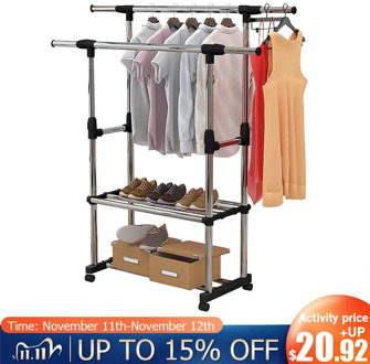 Adjustable Clothes Rack Double Rods Coat Shelf Hanging Drying Rack Universal Wheels Design Convenient Stainless Steel + ABS