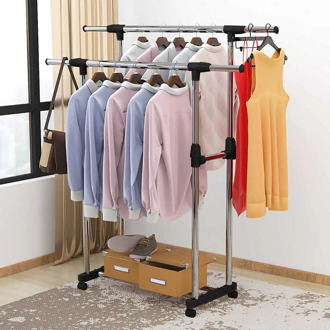 Adjustable Clothes Rack Single/Double Rods with Wheel Coat Shelf Hanging Drying Rack Floor Hanger Movable Cloth Storage