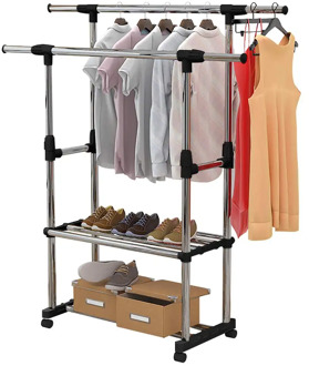 Adjustable Clothes Rack Single/Double Rods with Wheel Coat Shelf Hanging Drying Rack Floor Hanger Movable Cloth Storage