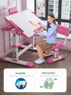 Adjustable Kids Study Table Chair Set Girls Boys Writing Desk Chair Drawer Homework Ergonomic Desk Chair Combination Desktop
