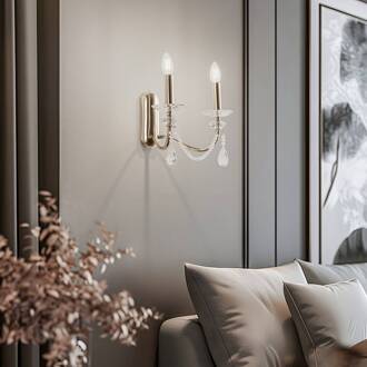 Adone wandlamp, 2-lamps, messing, hoogte 30 cm, kristalglas helder, messing