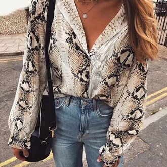Aecu Herfst Vrouwen Snake Print Blouse Lange Mouwen Turn-Down Kraag Snakeskin Shirts High Street Vrouwen Fall tops
