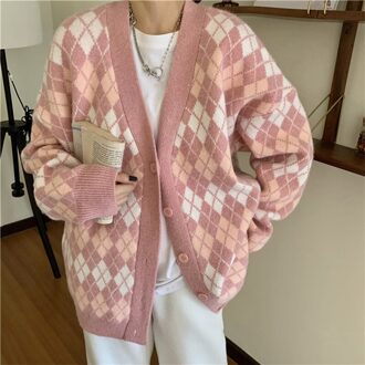 Aelegantmis Vintage Argyle Trui Vest Vrouwen Roze Gebreide Truien Vest Losse Ongedwongen Plaid Mouwloze Jumpers Vrouwelijke Kawaii Cardigan
