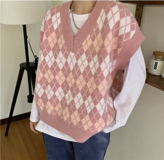 Aelegantmis Vintage Argyle Trui Vest Vrouwen Roze Gebreide Truien Vest Losse Ongedwongen Plaid Mouwloze Jumpers Vrouwelijke Kawaii