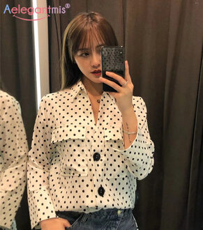 Aelegantmis Vrouwen Zomer Toevallige Dot Print Chiffon Blouse Elegante Turn-down Kraag Lange Mouwen Blouses Ladies Shirt Tops XS