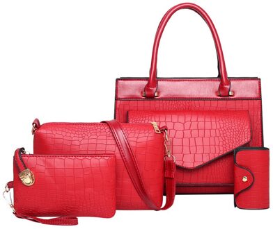 Aelicy 4 pcs Vrouwen Patroon Solid Handtassen Luxe Vrouwelijke Lederen Tote Bag + messenger schoudertas + Clutch bag + kaart Pakket rood