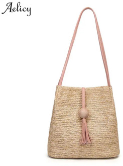 Aelicy Summer Women Durable Weave Straw Beach Bag Feminine Woven Bucket Bag Grass Casual Tote Handbags Knitting Rattan Bags