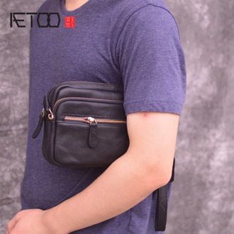 AETOO Clutches men's leather handbags double zipper multifunctional head layer cowhide clutches large-capacity casual men's bags