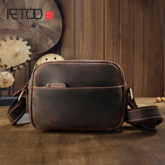 AETOO Crazy horse leather men's small bag, leather casual mini shoulder bag, cowhide retro horizontal men's bag