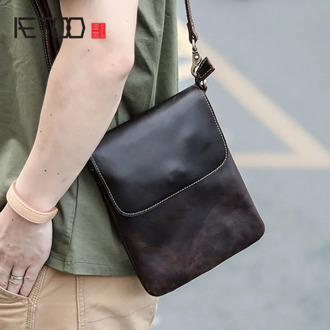 AETOO Handmade leather men's bags, vintage men's mini casual bags, vertical one-shoulder bags