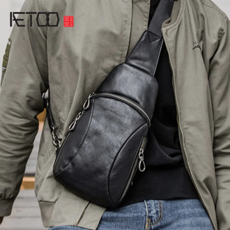 AETOO Head leather breast bag, men's single shoulder bag, bag, leather casual small bag, youth sports sloping vintage bag soft