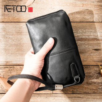 AETOO Leather handbag men's soft leather retro casual long wallet men's first layer leather zipper wallet phone bag female vinta