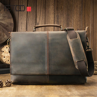 AETOO Leather retro men's briefcase, leather horizontal square computer bag, leather casual business handbag