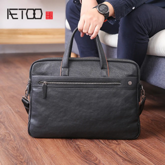 AETOO Men's handbag leather business casual single shoulder bag large capacity head layer cowhide computer Briefcase