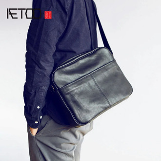 AETOO Men's leather single shoulder bag simple cowhide crossbody bag double zipper Large capacity male bag
