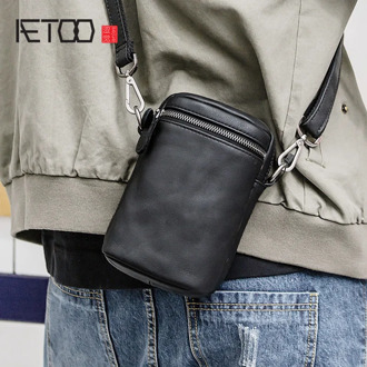 AETOO Men's leather slant bag, men's street shoulder bag, men's fashion mobile phone bag, cowhide casual bag
