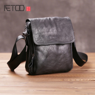 AETOO Men's mini shoulder bag, leather retro mobile phone bag, leather multi-function waist bag
