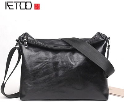 AETOO Men's slanted bag, leather shoulder bag, head leather simple casual cross bag, cross-section soft leather men's bag