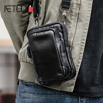 AETOO Men's slanted bag, men's mini shoulder small hanging bag, leather retro mobile phone bag, leather multi-function waist bag