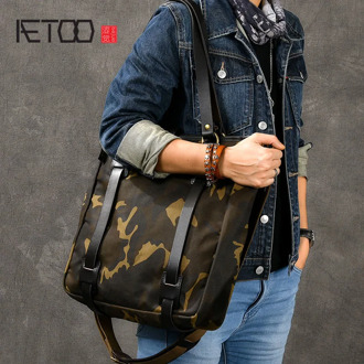 AETOO Retro thick oil wax canvas men's single shoulder slung tote bag camouflage handbag
