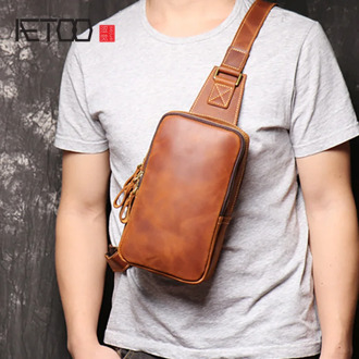 AETOO Vintage leather men's bag, cowhide men's close chest bag, mad horse skin one-shoulder stiletto bag.