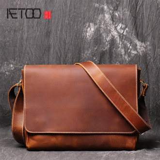 AETOO Vintage leather men's bag, handmade cowhide sloping bag, mad horse leather simple men's one-shoulder bag.