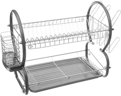 Afdruiprek/afwasrek 2-laags met lekbak grijs 43 x 24,5 cm van metaal