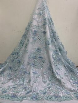 Afrikaanse Kant Stof 3D Bloem Borduren Kralen Kant Nigeriaanse Handgemaakte Kant Stoffen Voor Bridal Voile Suisse groen