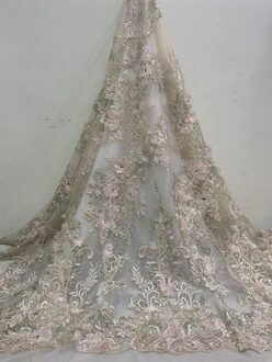 Afrikaanse Kant Stof 3D Bloem Borduren Kralen Kant Nigeriaanse Handgemaakte Kant Stoffen Voor Bridal Voile Suisse roze