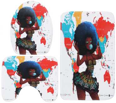 Afrikaanse Meisje Douchegordijn Badmat Wc Pad Set Karakter Patroon Anti-Slip Wc Patroon Tapijt Flanel Badmat 3stk c0103-53