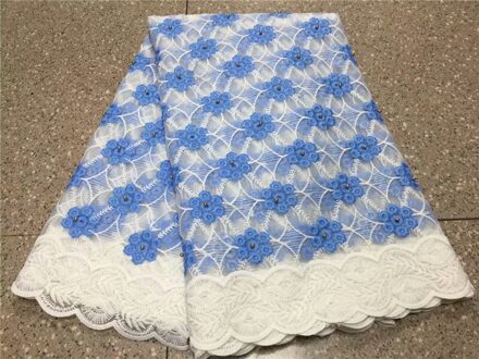 Afrikaanse Nigeriaanse Droge Kant Stof Met Kralen Voor Bridal Dress Blauw