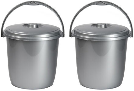 afsluitbare afvalemmer met deksel - 2x - zilver - 15 liter - kunststof - luier emmer
