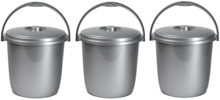 afsluitbare afvalemmer met deksel - 3x - zilver - 15 liter - kunststof - luier emmer