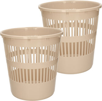 Afvalbak/vuilnisbak/kantoor prullenbak - 2x stuks - plastic - beige - 28 cm