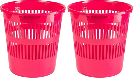 Afvalbak/vuilnisbak/kantoor prullenbak - 2x stuks - plastic - fuchsia roze - 28 cm