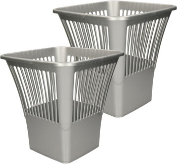 Afvalbak/vuilnisbak/kantoor prullenbak - 2x stuks - plastic - zilver/grijs - 30 cm