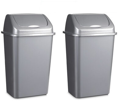 Afvalemmer - 2x stuks - 15 liter - zilver - met klep deksel - 28 x 22 x 47 cm - kunstst