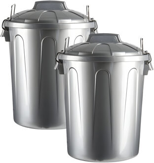 afvalemmer - 2x - zilver - 21L - kunststof - H42 cm - met deksel