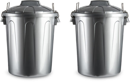 Afvalemmer met deksel - 2x - zilver - 21L - kunststof - 42 cm