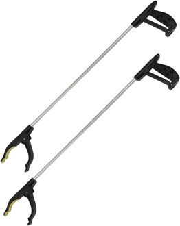 Afvalgrijper met klemgreep - 2x - 77 cm - grijphulp - afvalprikker - zwart/zilver - opruimen - schoo