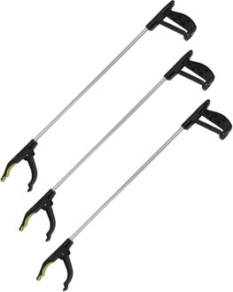 Afvalgrijper met klemgreep - 3x - 77 cm - grijphulp - afvalprikker - zwart/zilver - opruimen - schoo